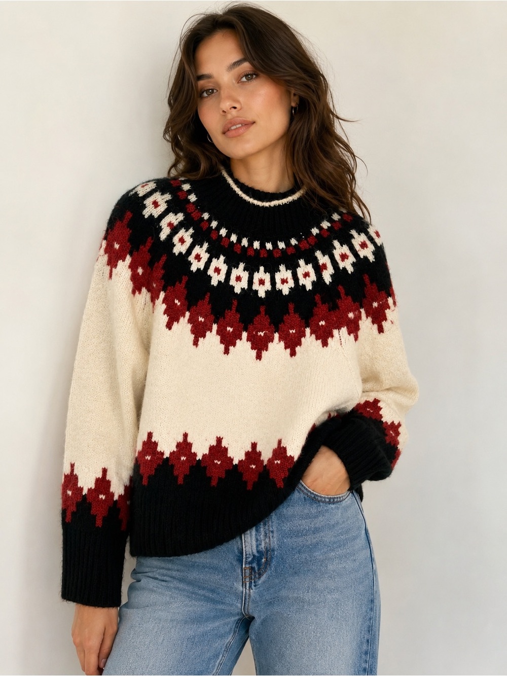 New Pistola Fair Isle Mock Neck Knit Sweater Cream Black Burgundy Cozy Pullover